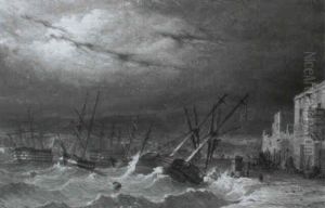 Ships In Stormy Waters Off A Port