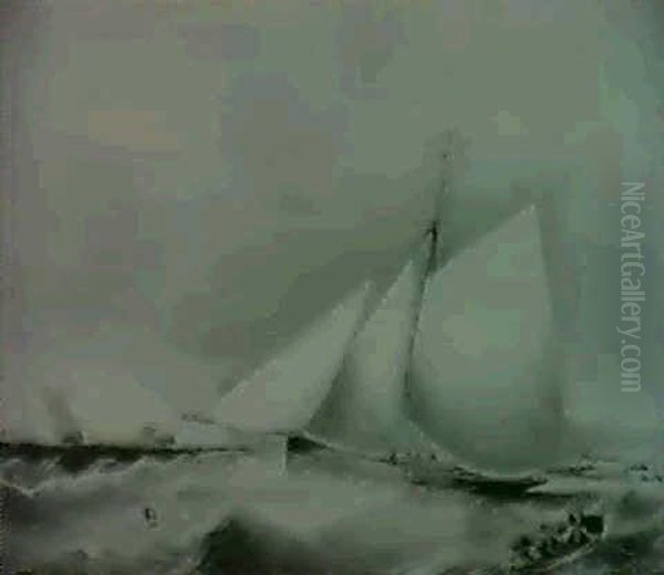 A Racing Yacht Off A Rocky Coast - view 1