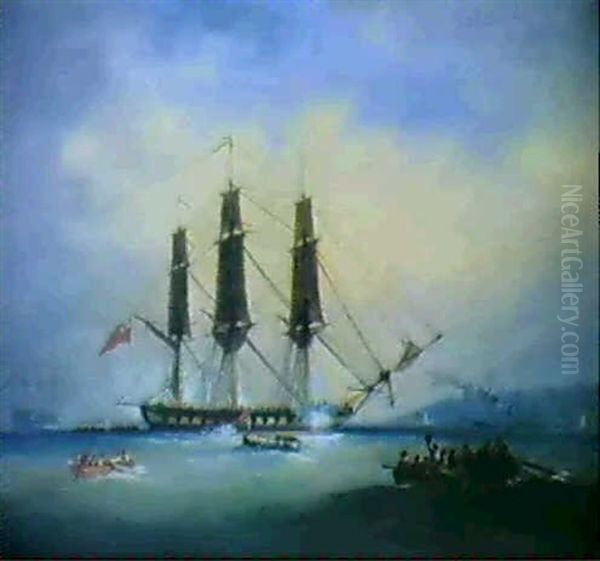 A Royal Barge Pulling Away From A Saluting Frigate Off      Plymouth - view 1