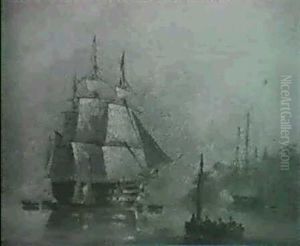 A Man-o-war Entering An Estuary, Another Anchored Beyond    Firing A Salute; A Man-o-war Heeling Over In A Stiff Breeze