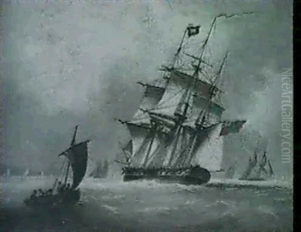 1) A Man-o-war Entering An Estuary, Another Anchored Beyond Firing A Salute.2)a Man-o-war Heeling Over In A Stiff Breeze - view 1