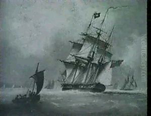1) A Man-o-war Entering An Estuary, Another Anchored Beyond Firing A Salute.2)a Man-o-war Heeling Over In A Stiff Breeze by Nicholas Matthew Condy