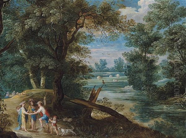Wooded Landscape With Meeting At The Waterfront - view 1
