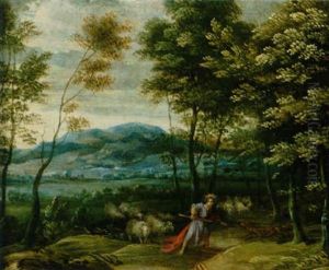 Der Gute Hirt In Einer Weiten Bewaldeten Landschaft by Gillis Congnet the Younger