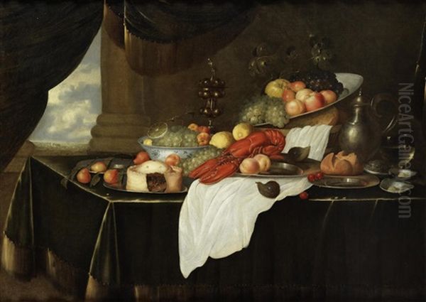 A Still Life Of A Lobster, A Pie And Various Fruits In Blue And White Bowls And On Pewter Plates, Together With A Basket Of Bread, A Wine Glass, Gilt Goblet, Pewter Flagon, Oysters And A Fig On A Table Draped With A Red Velvet Cloth - view 1