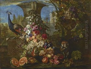 Still Life With A Peacock And Monkey In A Wooded Landscape by David de Coninck
