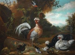 Cockerels And Other Birds Before A Fountain; And A Cockerel, Hens And Other Birds In A Landscape (2)