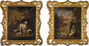Hounds In A Wooded Landscape, Game On The Floor Around Them; A Peacock And Other Fowl Around A Fountain