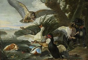 A Landscape With Ducks Attacked By Two Springer Spaniels And A Buzzard by David de Coninck