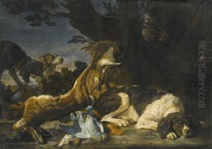 A Hare And Game Birds With Three Dogs, A Landscape Beyond by David de Coninck