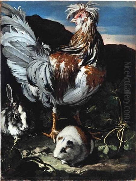 A Rooster, Rabbit And Guinea Pig In A Landscape - view 1