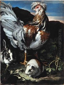 A Rooster, Rabbit And Guinea Pig In A Landscape by David de Coninck