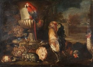 Bodegon Con Aves, Conejos, Frutas Y Flores