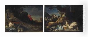 A Peacock, Wild Turkey, Hares, And Pigeons In A Garden, A Landscape Beyond; And A Hare And Game Birds With Three Dogs, A Landscape Beyond by David de Coninck