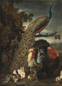 A Peacock, Turkey, Rabbits, And Cockerel In A Landscape