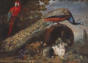 A Peacock On An Overturned Urn, A Parrot In A Tree, Two Rabbits And Bunches Of Grapes In A Garden