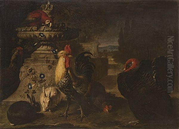 Gallo, Tacchino, Conigli Ed Un Pappagallo In Un Paesaggio - view 1