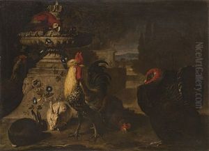 Gallo, Tacchino, Conigli Ed Un Pappagallo In Un Paesaggio by David de Coninck