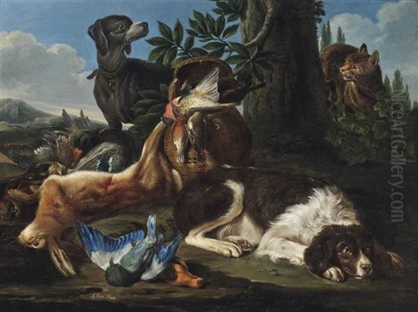 A Hound And A Spaniel With Game In A Landscape - view 1