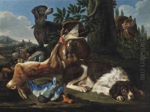 A Hound And A Spaniel With Game In A Landscape by David de Coninck