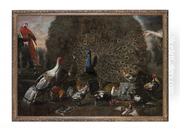 Paons, Ara Sur La Vasque D'une Fontaine Et Oiseaux De Basse-cour Dans Le Jardin D'un Palais Romain Avec Statues A L'antique Dont La Flore Farnese - view 1