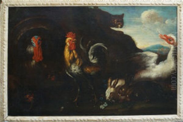 A Cockerel, Rabbits, A Turkey, A Goose Alarmed By A Cat - view 1