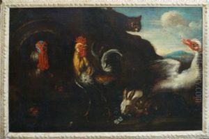 A Cockerel, Rabbits, A Turkey, A Goose Alarmed By A Cat