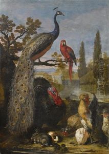 Erlegtes Wild Bewacht Von Hunden In Einer Waldlandschaft; Ein Pfau, Ein Papagei, Truthahn, Hahne, Hasen Und Ein Meerschweinchen In Einer Parklandschaft (pair)