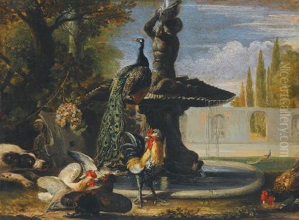 A Dog Startling Cockerels Before A Fountain With A Peacock - view 1