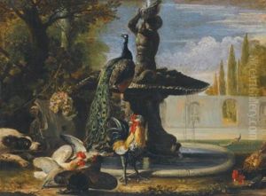A Dog Startling Cockerels Before A Fountain With A Peacock