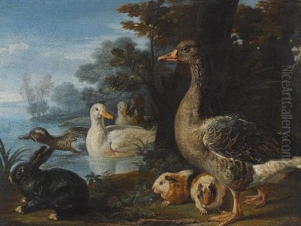 A Cockerel, Hens, Doves And A Parrot In A Formal Garden Setting; Ducks, Guinea Pigs And A Rabbit In A Wooded Landscape Beside A Lake (pair) - view 1