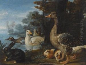 A Cockerel, Hens, Doves And A Parrot In A Formal Garden Setting; Ducks, Guinea Pigs And A Rabbit In A Wooded Landscape Beside A Lake (pair)
