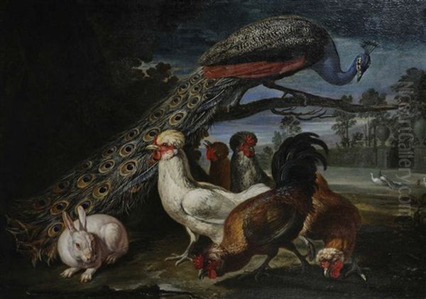 Paon, Poules Et Lapin Devant Un Parc - view 1