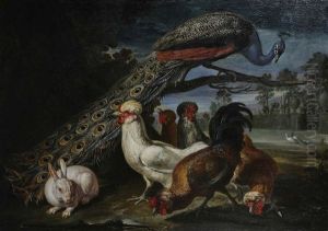 Paon, Poules Et Lapin Devant Un Parc Paon, Poules Et Lapin Devant Un Parc