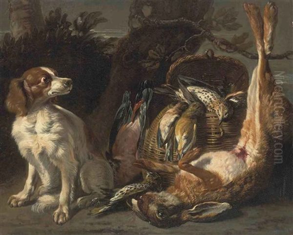 A Spaniel, With Dead Birds In A Basket And A Dead Rabbit, In A Landscape - view 1