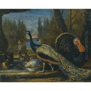 Ducks, A Peacock And A Turkey In A Parkland Setting (+ Hare, Birds And A Spaniel ; Pair)