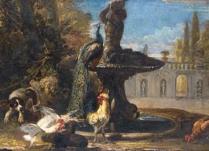 Rabbits With Cockerels And A Parrot In A Park Landscape (+ A Dog Startling Cockerels Before A Fountain With A Peacock; Pair)