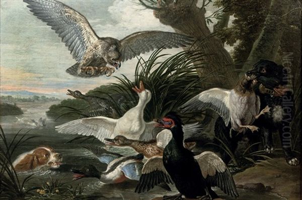 Waterfowl Under Attack By Two Springer Spaniels And A Buzzard, In A River Landscape - view 1