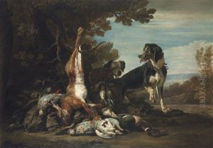 A Hare, Ducks, Other Fowl And A Brace Of Hounds, In A Forest Landscape by David de Coninck