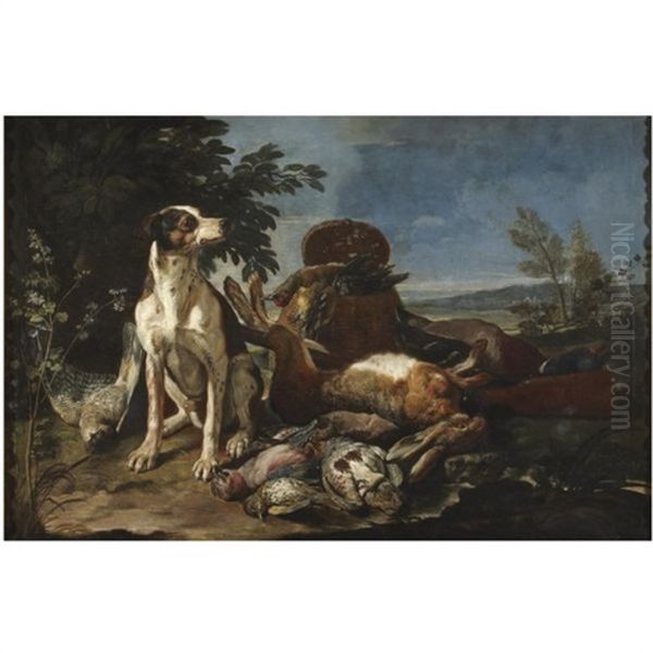 A Hunting Still Life With A Hound Seated Beside Dead Game, An Extensive Landscape Beyond - view 1