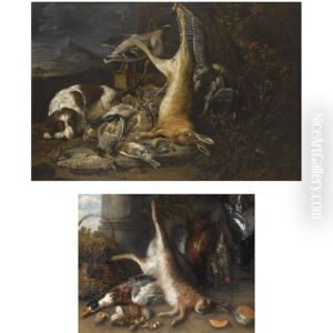 A Still Life Of A Suspended Dead Hare And Two Mallards, Dead Birds And A Dog With Hunting Gear, An Extensive Landscape In The Background (2 Works) by David de Coninck
