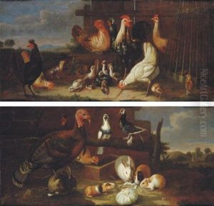Cockerels, Hens And Quails In A Farmyard (+ Farmyard Scene With Doves; Pair) by David de Coninck