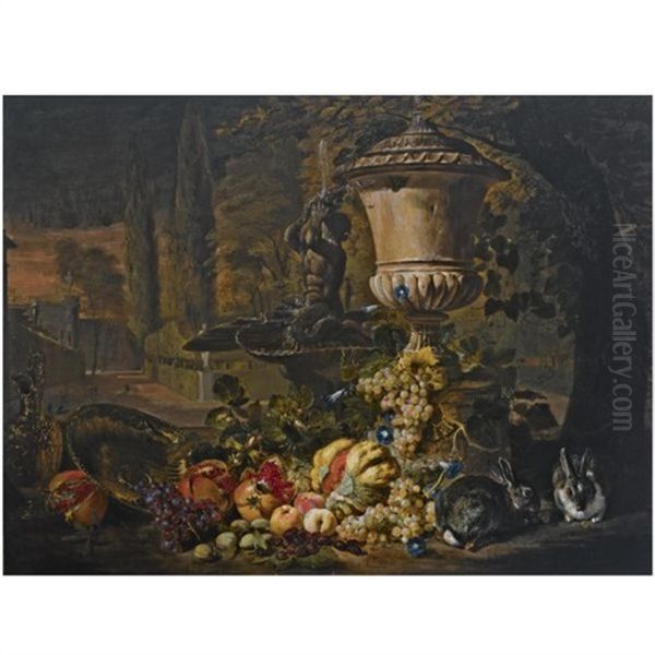 A Still Life Of Fruit, Including A Melon, Open Pomegranates And Grapes, An Ornamental Urn And Two Rabbits Near A Fountain In A Formal Garden - view 1