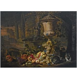 A Still Life Of Fruit, Including A Melon, Open Pomegranates And Grapes, An Ornamental Urn And Two Rabbits Near A Fountain In A Formal Garden by David de Coninck