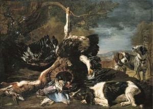 A Spaniel, An Eagle, A Hare And A Wicker Basket With A Jay, Finches And Other Birds Overlooked By Two Hounds, A Mountainous Landscape...