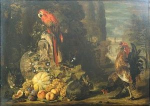 Still Life Of A Melon, Peaches, Grapes And Plums, Together With Rabbits, A Parrot, Cockerel And Hen, Gathered Around An Over-turned Corinthian Column Capital, A Parkland Setting Beyond