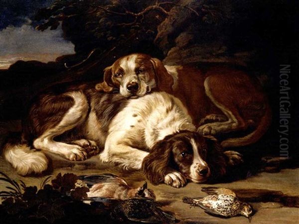 Still Life With Two Spaniels, Together With Nightingales, A Jay, And A Musket, In A Landscape - view 1