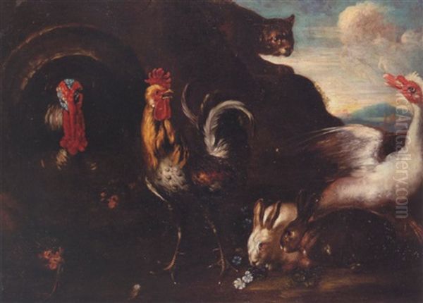 A Cockerel, Rabbits, A Turkey, A Goose Alarmed By A Cat - view 1