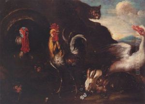 A Cockerel, Rabbits, A Turkey, A Goose Alarmed By A Cat