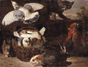 A Still Life Of Pigeons, Rabbits, A Cat, A Chicken And A Guinea Pig In A Farmyard Setting by David de Coninck